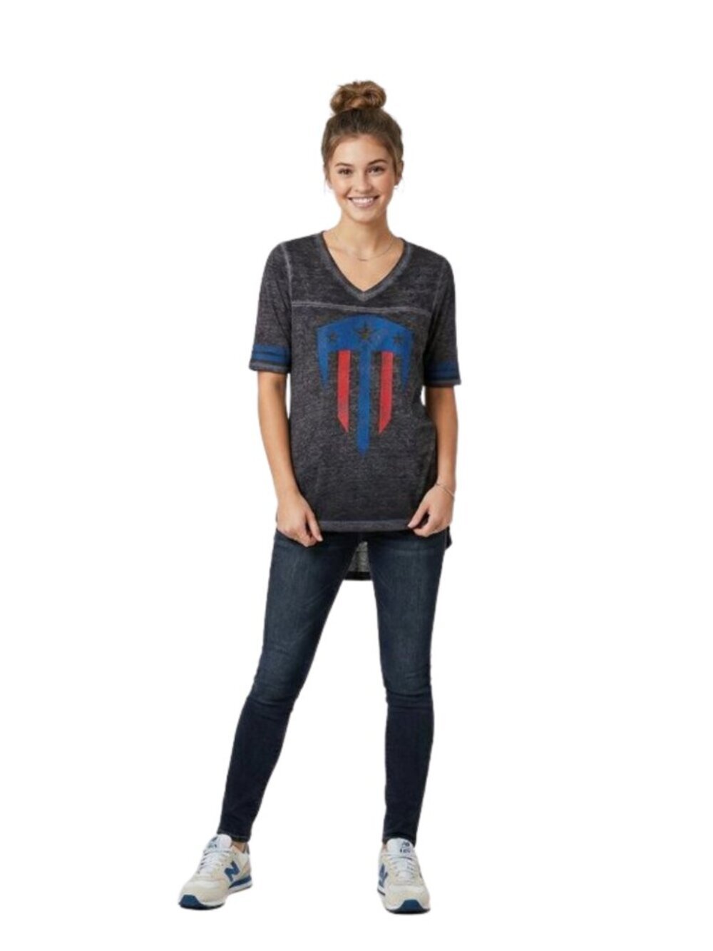 Her Universe Marvel Captain America Distressed Varsity Hi-Lo V-Neck T-Shirt XS